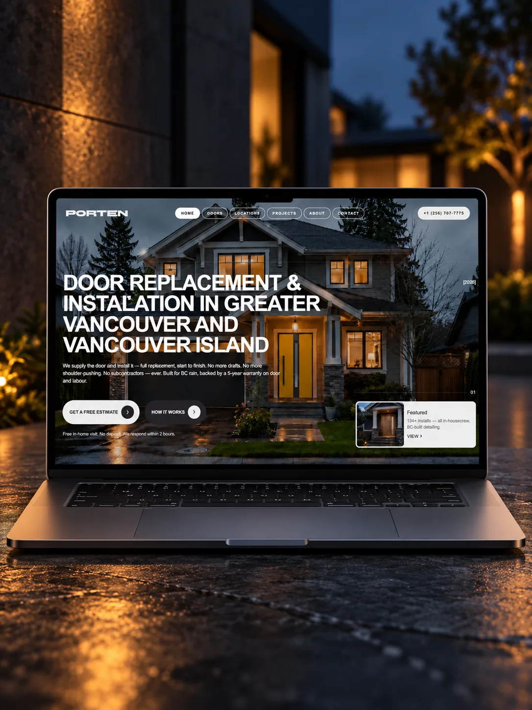 Porten door replacement website displayed on a laptop, featuring a Vancouver home at dusk